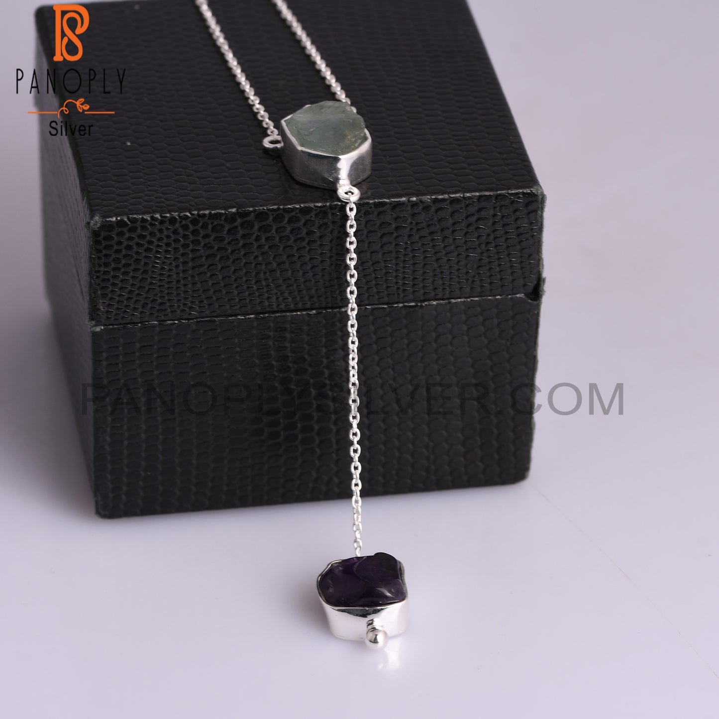 Aquamarine & Amethyst Rough 925 Silver Pendant with Chain