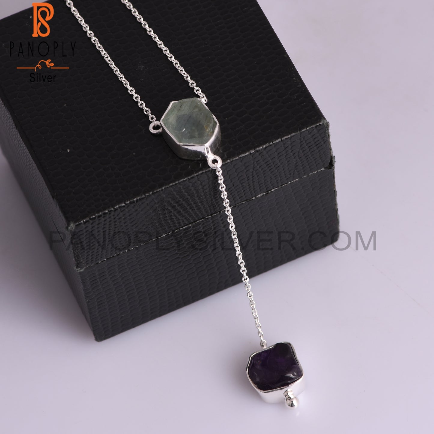 Aquamarine & Amethyst Rough 925 Silver Pendant with Chain