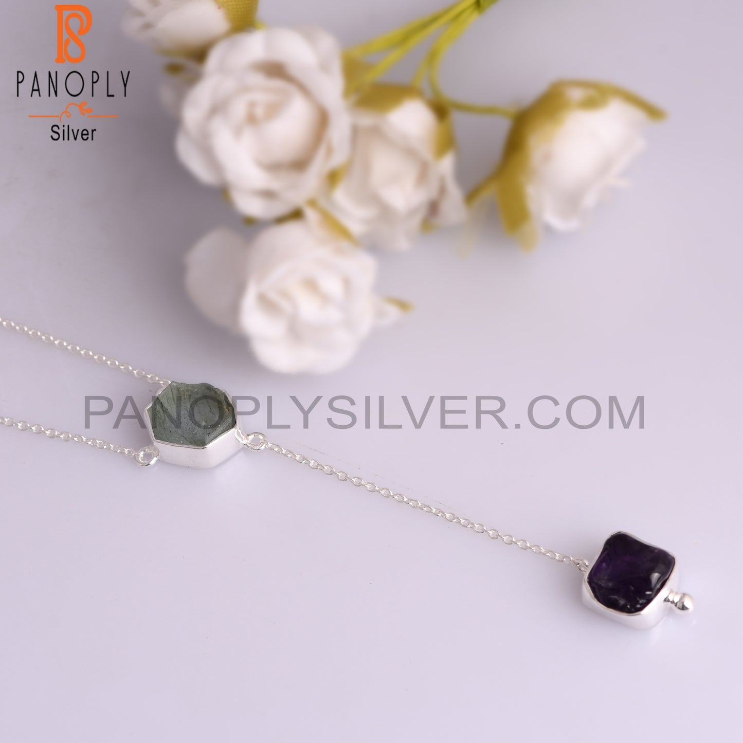 Aquamarine & Amethyst Rough 925 Silver Pendant with Chain