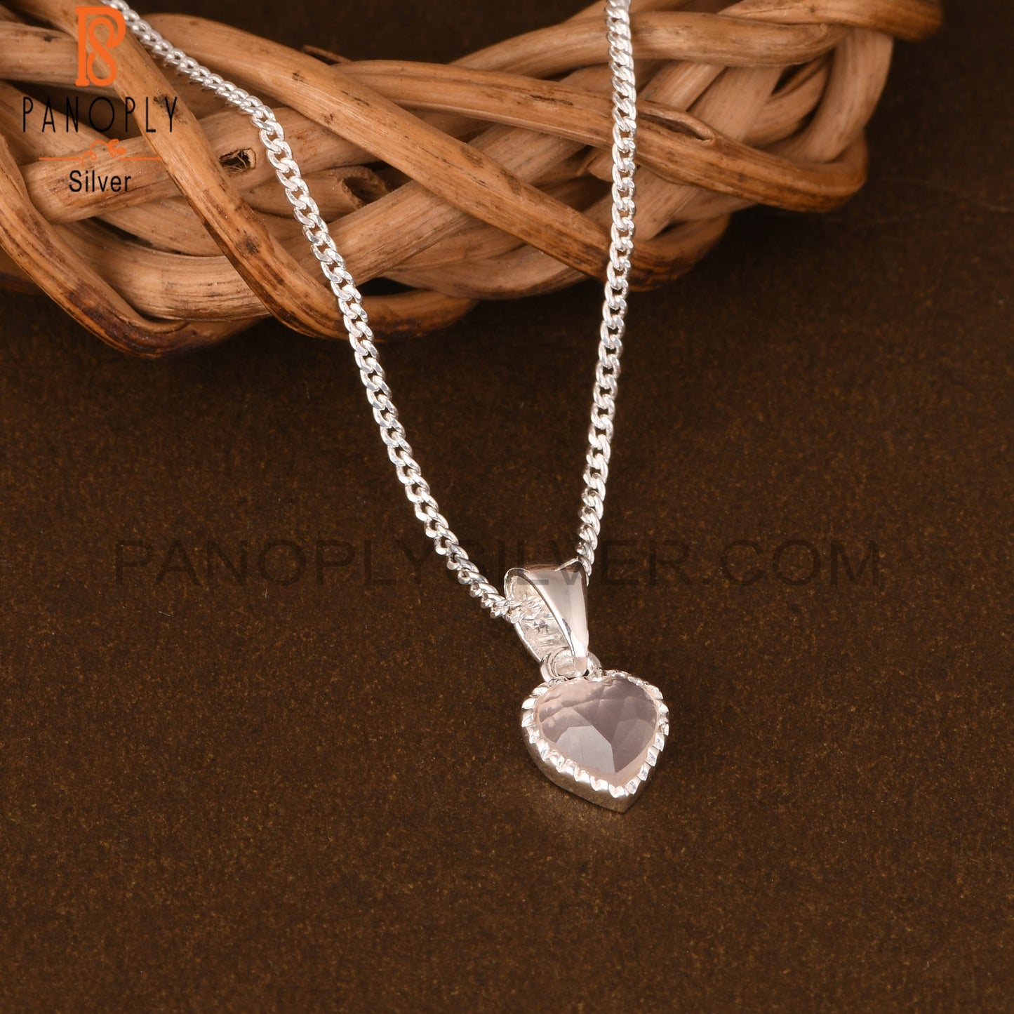 Rose Quartz Heart 925 Sterling Silver Pendant With Chain