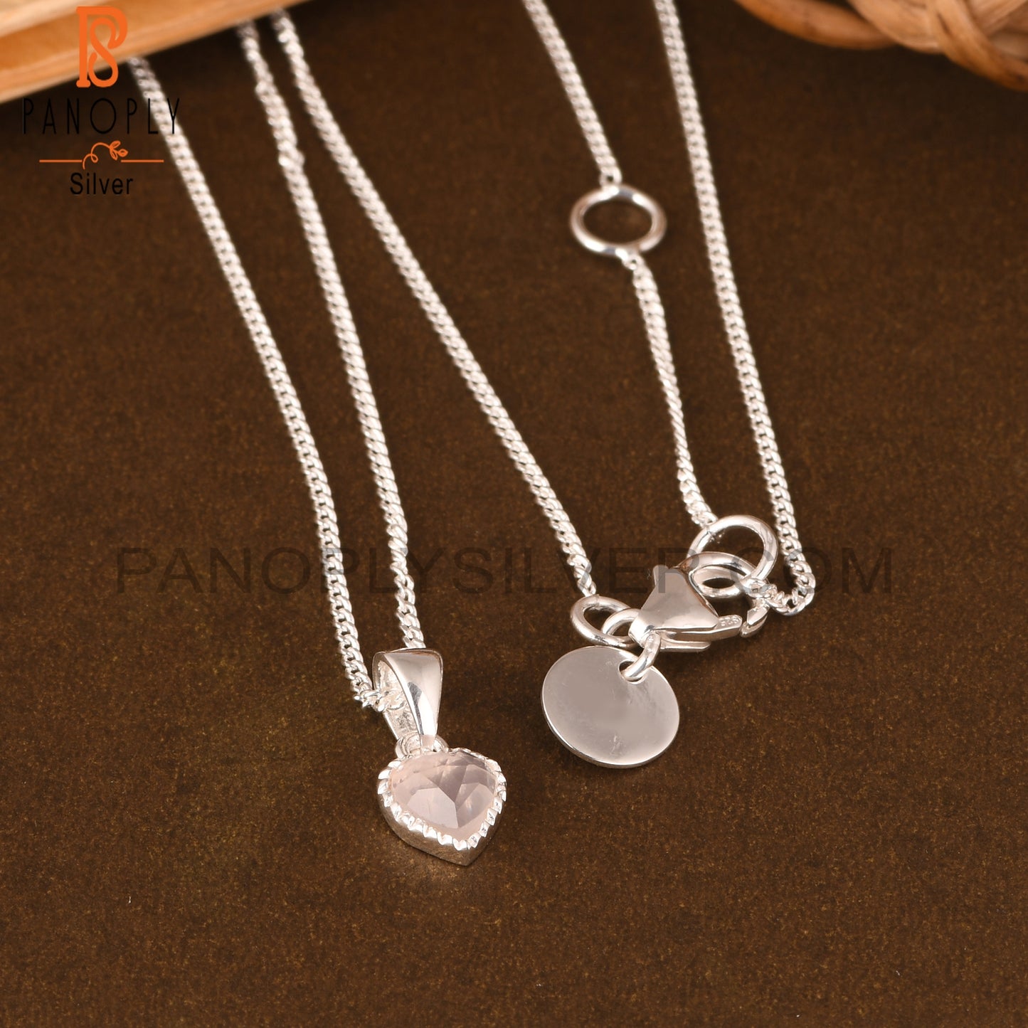 Rose Quartz Heart 925 Sterling Silver Pendant With Chain