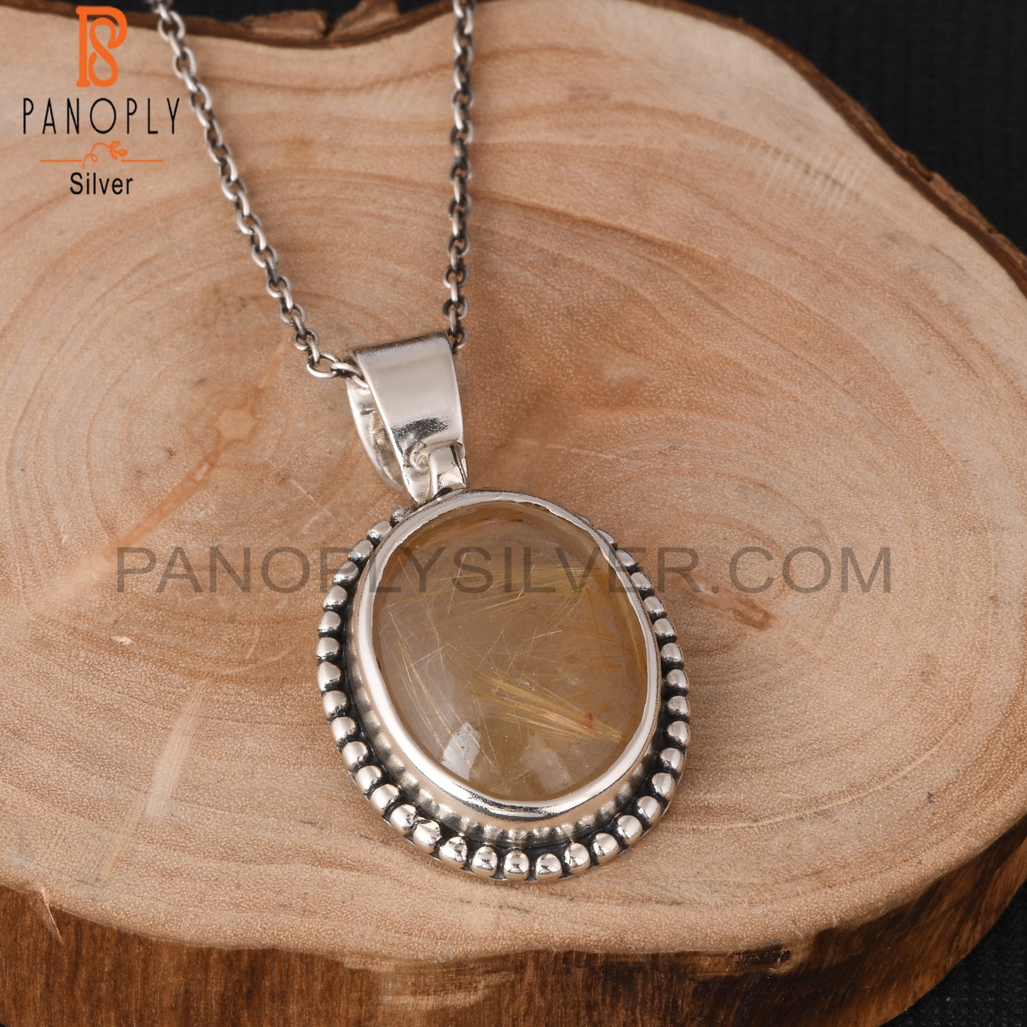 Golden Rutile Oval Shape 925 Sterling Silver Pendant