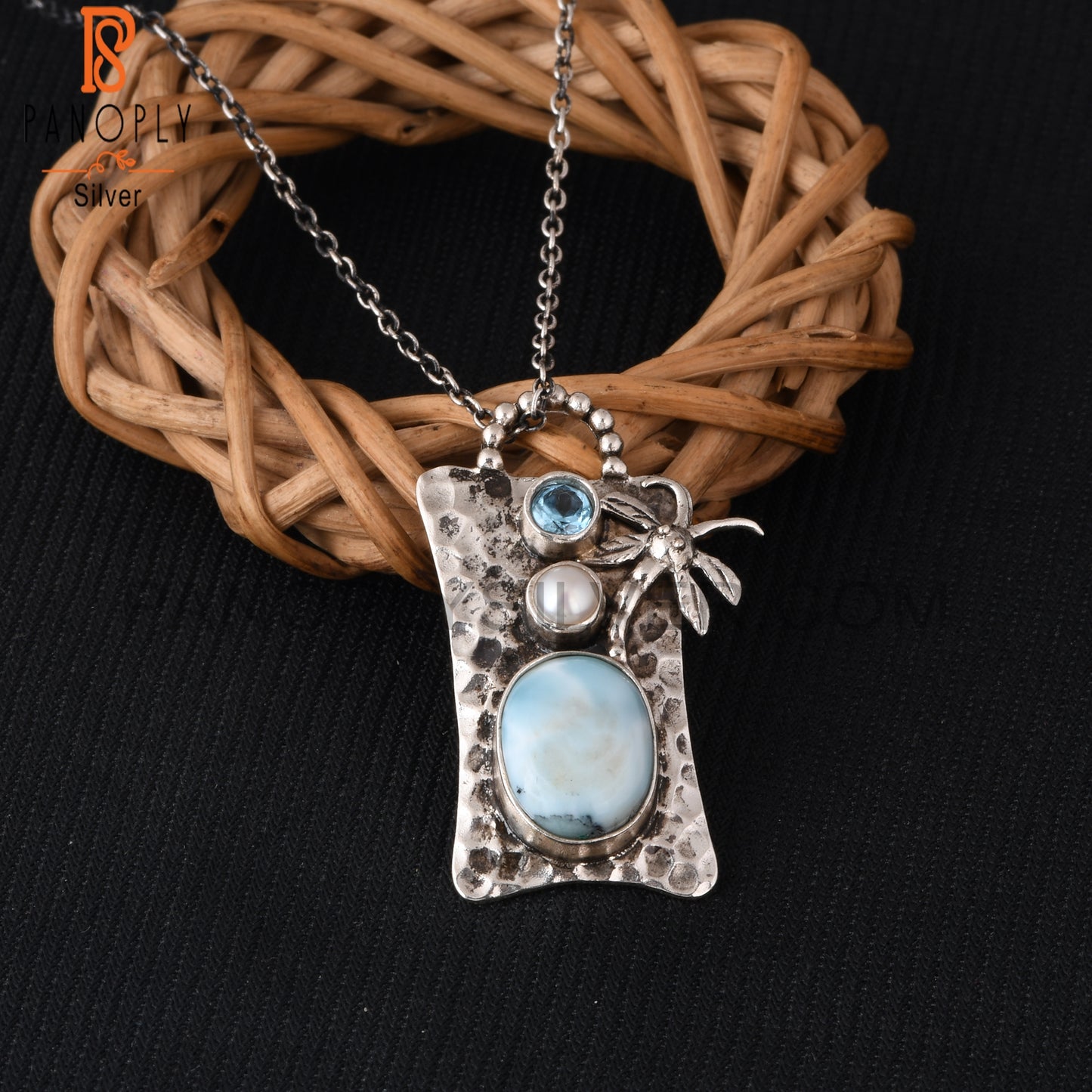 Blue Topaz, Pearl & Larimar 925 Sterling Silver Pendant