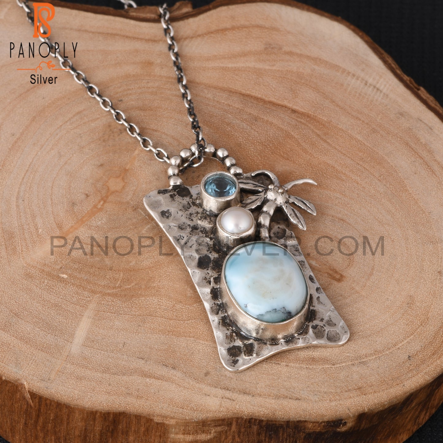 Blue Topaz, Pearl & Larimar 925 Sterling Silver Pendant
