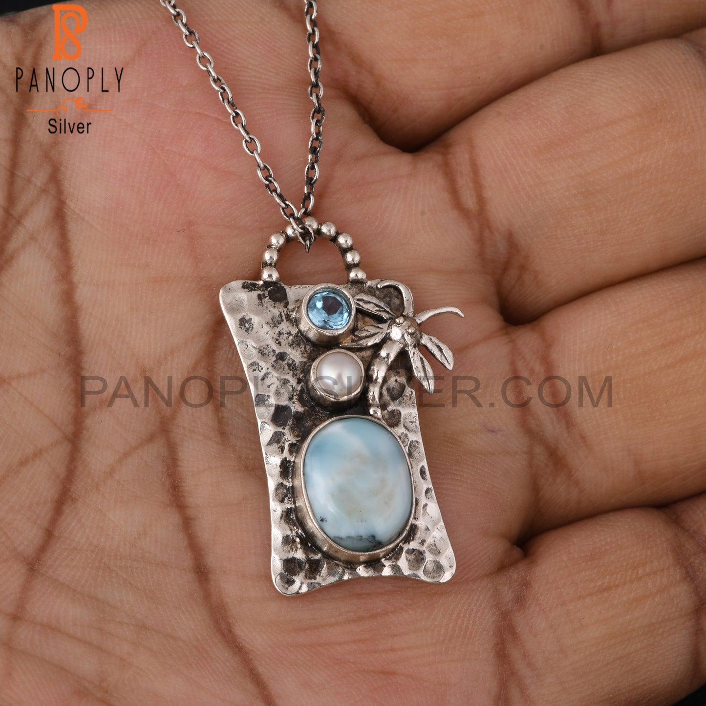 Blue Topaz, Pearl & Larimar 925 Sterling Silver Pendant