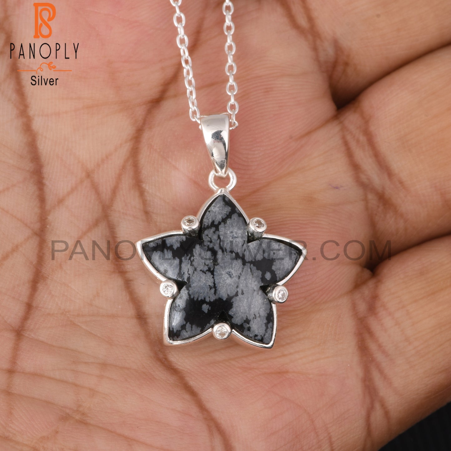 Snowflake Obsidian & Cubic Zirconia 925 Silver Pendant