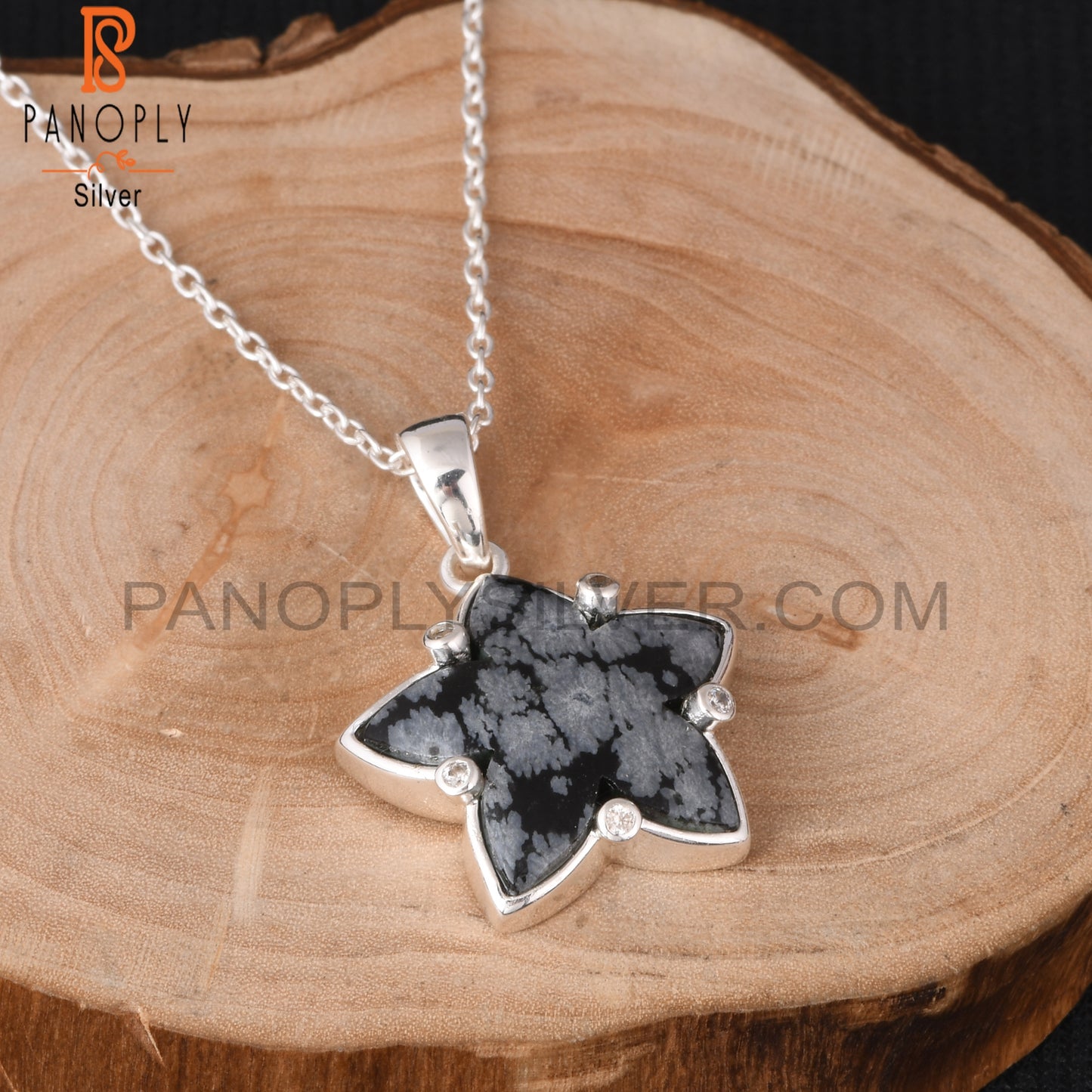 Snowflake Obsidian & Cubic Zirconia 925 Silver Pendant