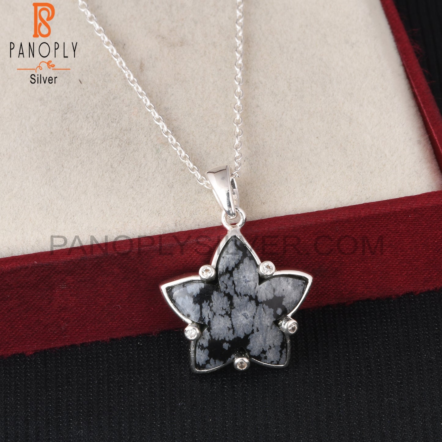 Snowflake Obsidian & Cubic Zirconia 925 Silver Pendant