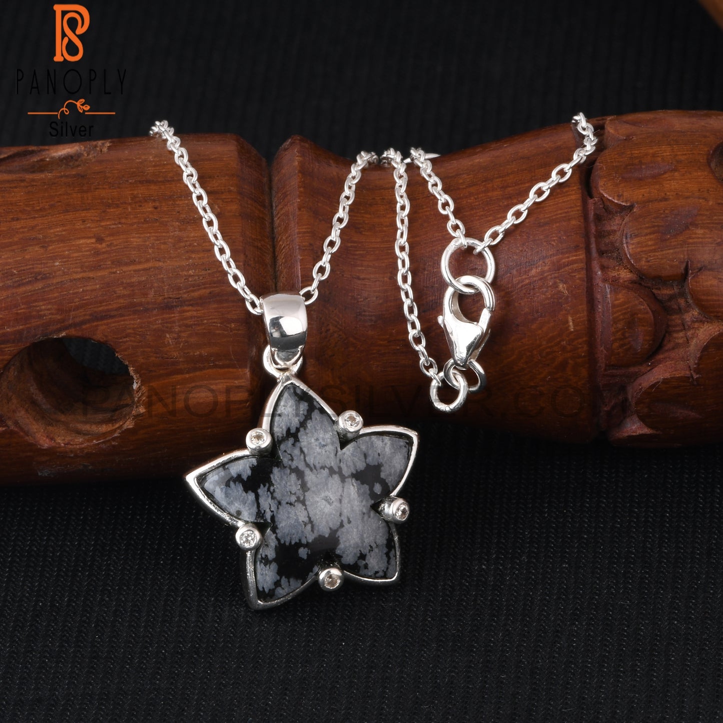 Snowflake Obsidian & Cubic Zirconia 925 Silver Pendant