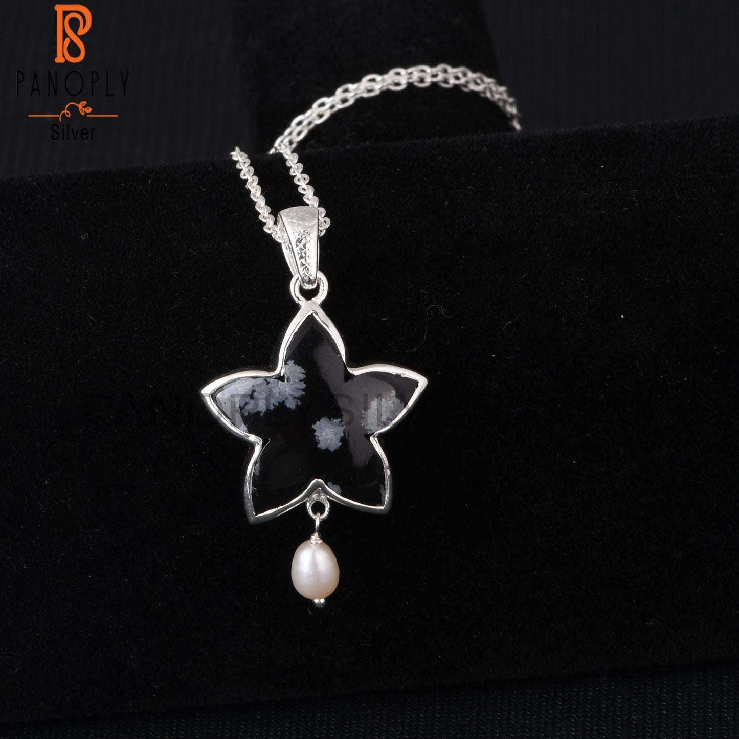 Snowflake Obsidian, Pearl 925 Silver Neckalces Pendant