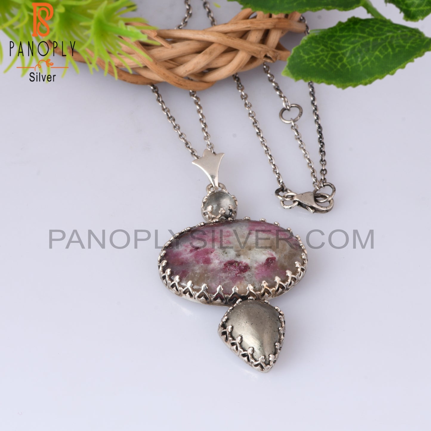 Green Amethyst, Pyrite Tourmaline Quartz Silver Chain Pendant