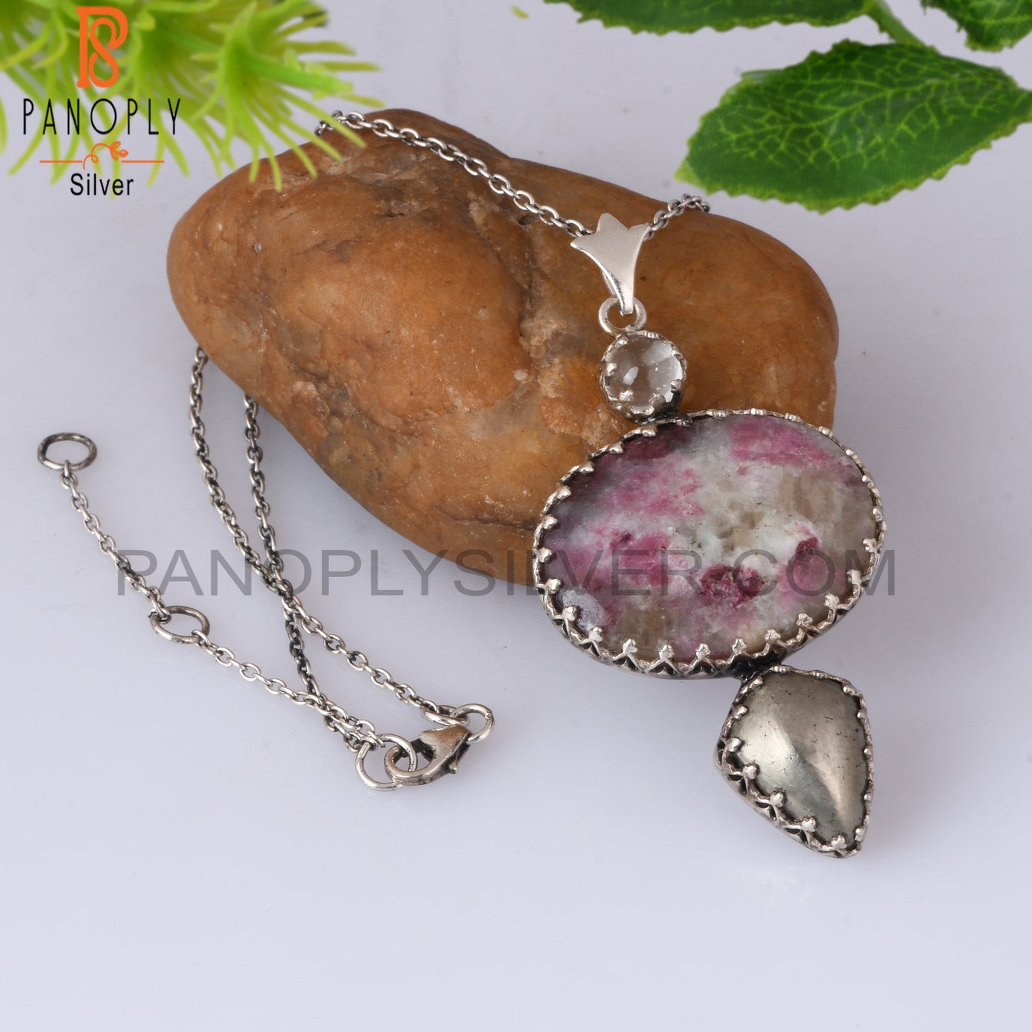 Green Amethyst, Pyrite Tourmaline Quartz Silver Chain Pendant