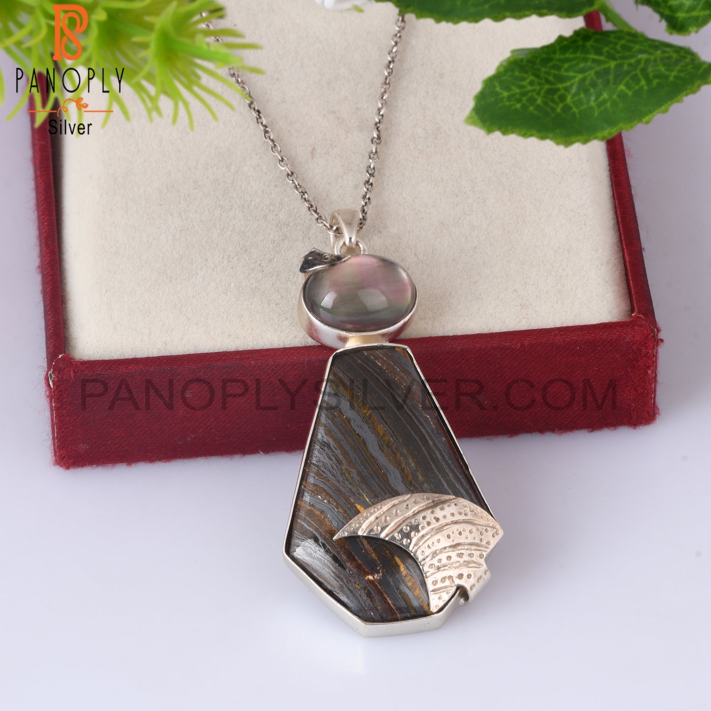 Doublet Gray Mop Crystal, Tiger Eye Iron Silver Chain Pendant