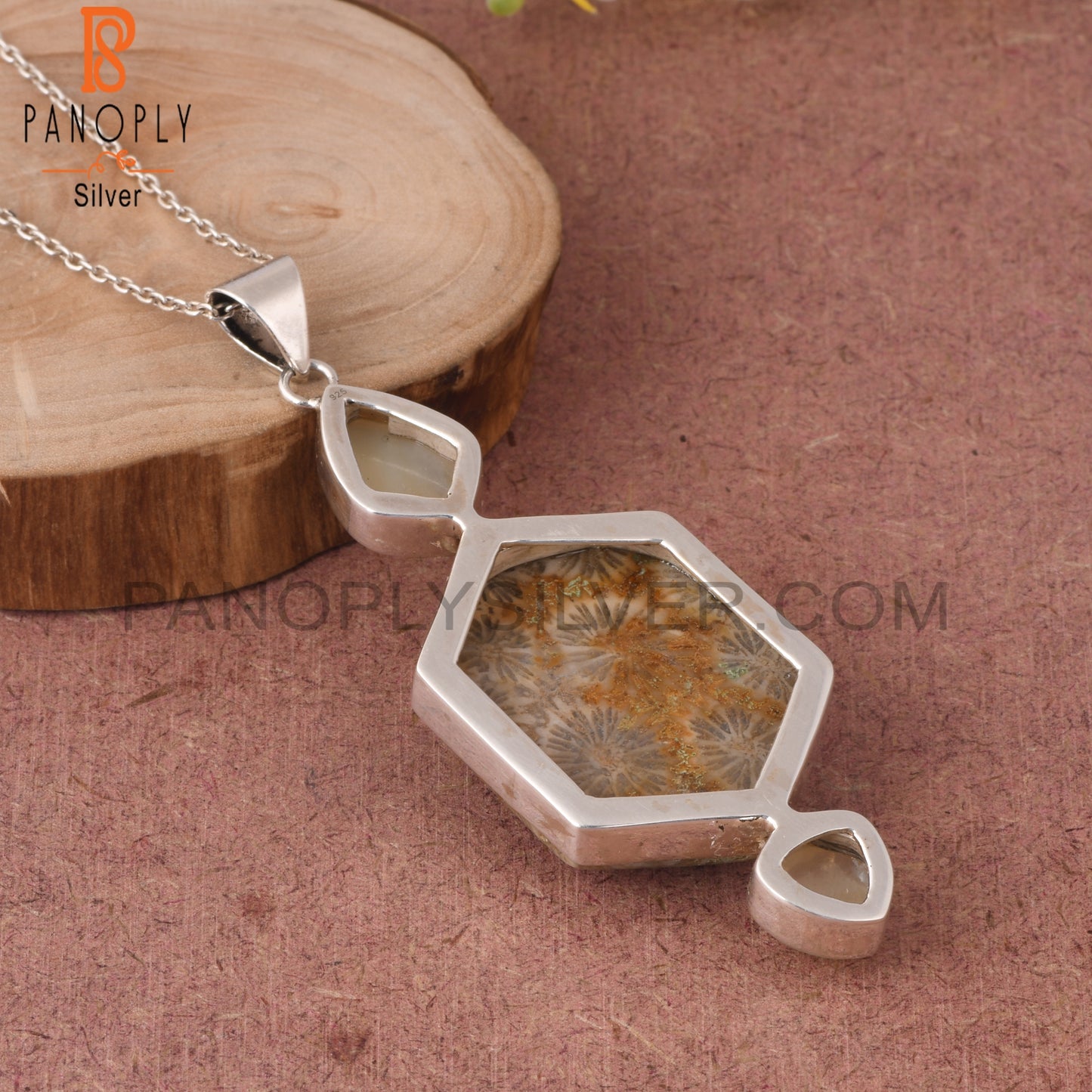 Fossil Coral & Yellow Opal 925 Silver Pendant With Chain