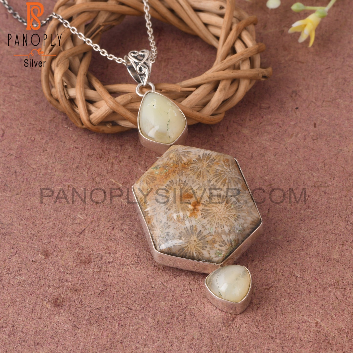 Fossil Coral & Yellow Opal 925 Silver Pendant With Chain