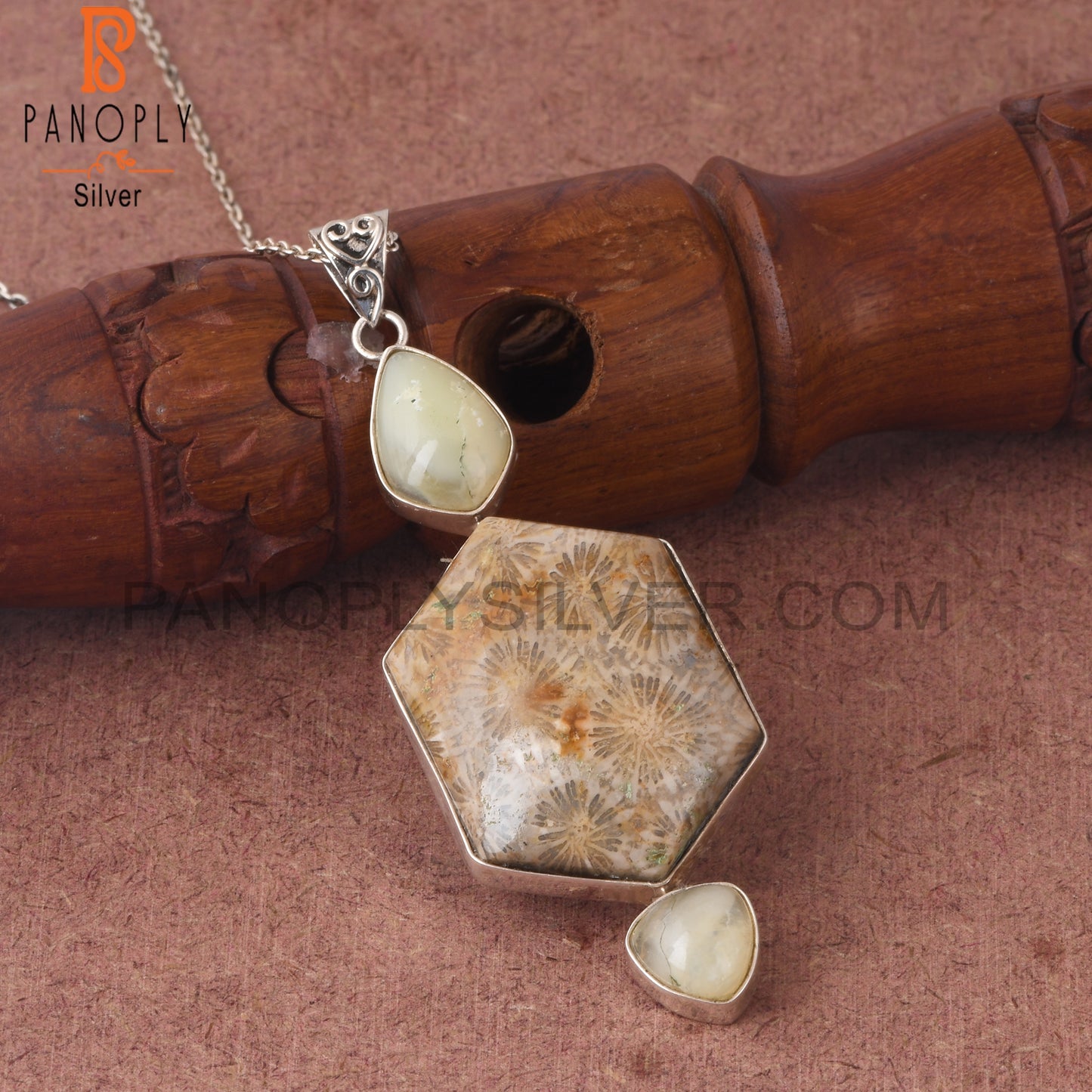 Fossil Coral & Yellow Opal 925 Silver Pendant With Chain