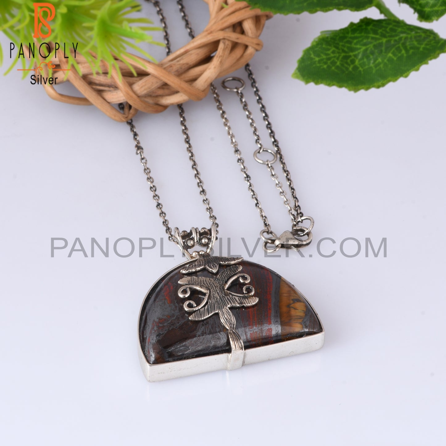 Tiger Eye Iron D Shape 925 Sterling Silver Pendant With Chain
