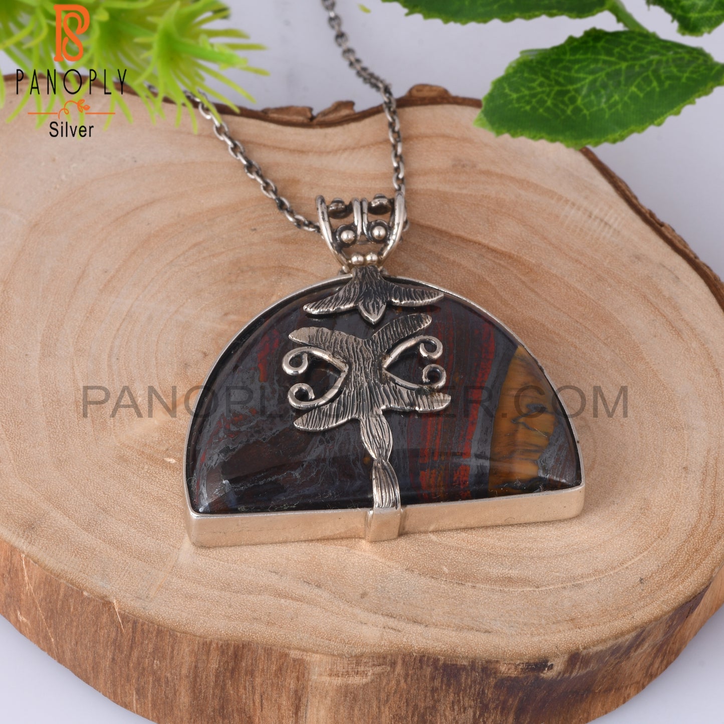 Tiger Eye Iron D Shape 925 Sterling Silver Pendant With Chain