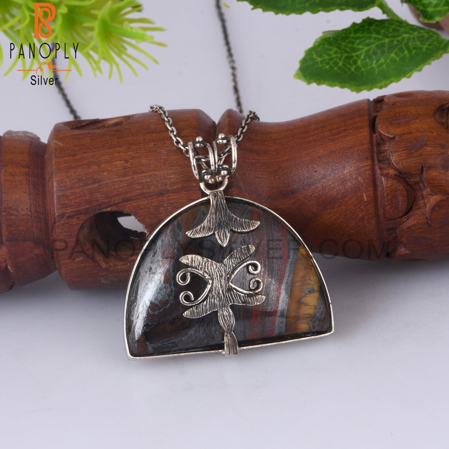 Tiger Eye Iron D Shape 925 Sterling Silver Pendant With Chain