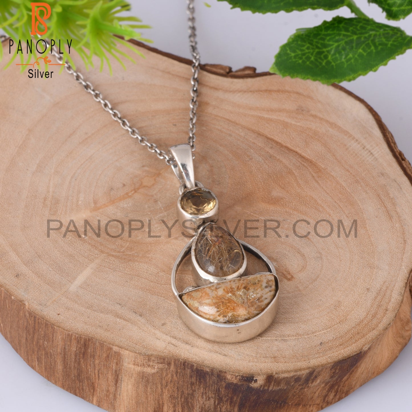 Citrine, Golden Rutile, Fossil Coral 925 Silver Pendant