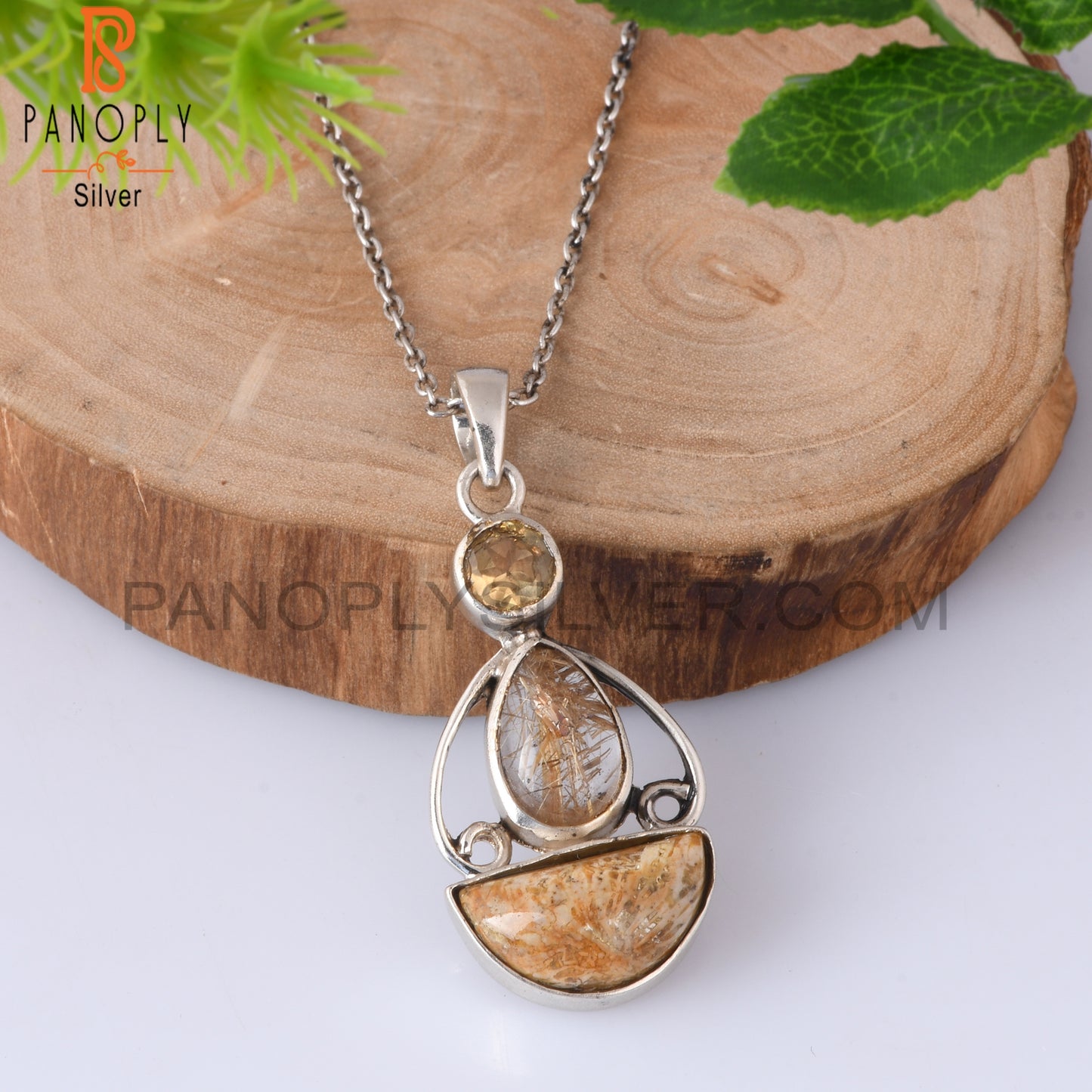 Citrine, Golden Rutile, Fossil Coral 925 Silver Pendant