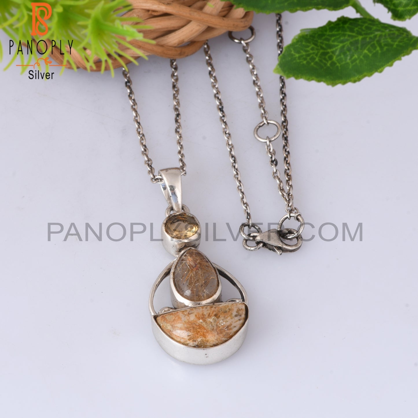 Citrine, Golden Rutile, Fossil Coral 925 Silver Pendant