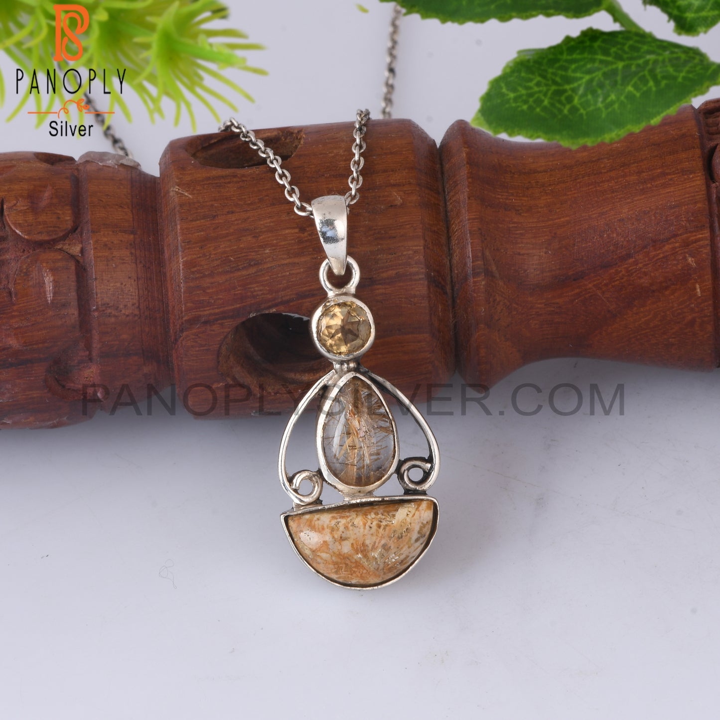 Citrine, Golden Rutile, Fossil Coral 925 Silver Pendant