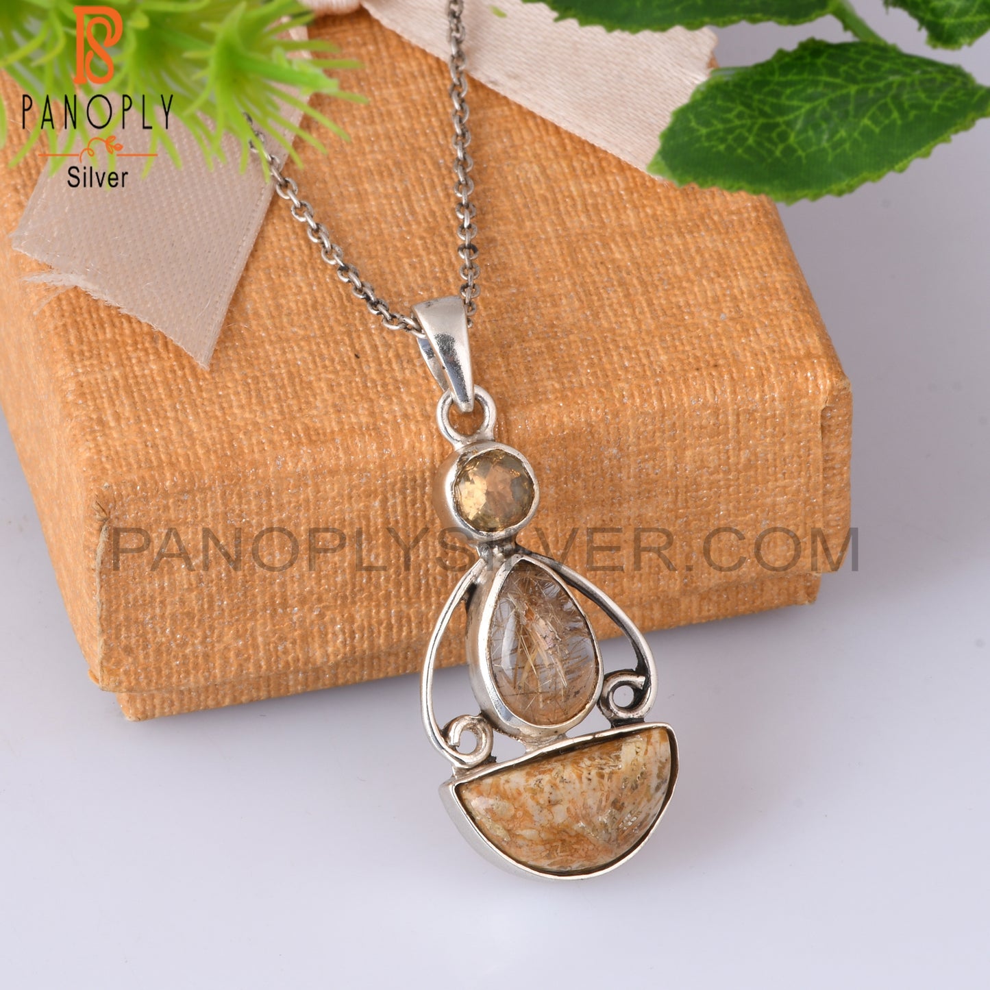 Citrine, Golden Rutile, Fossil Coral 925 Silver Pendant