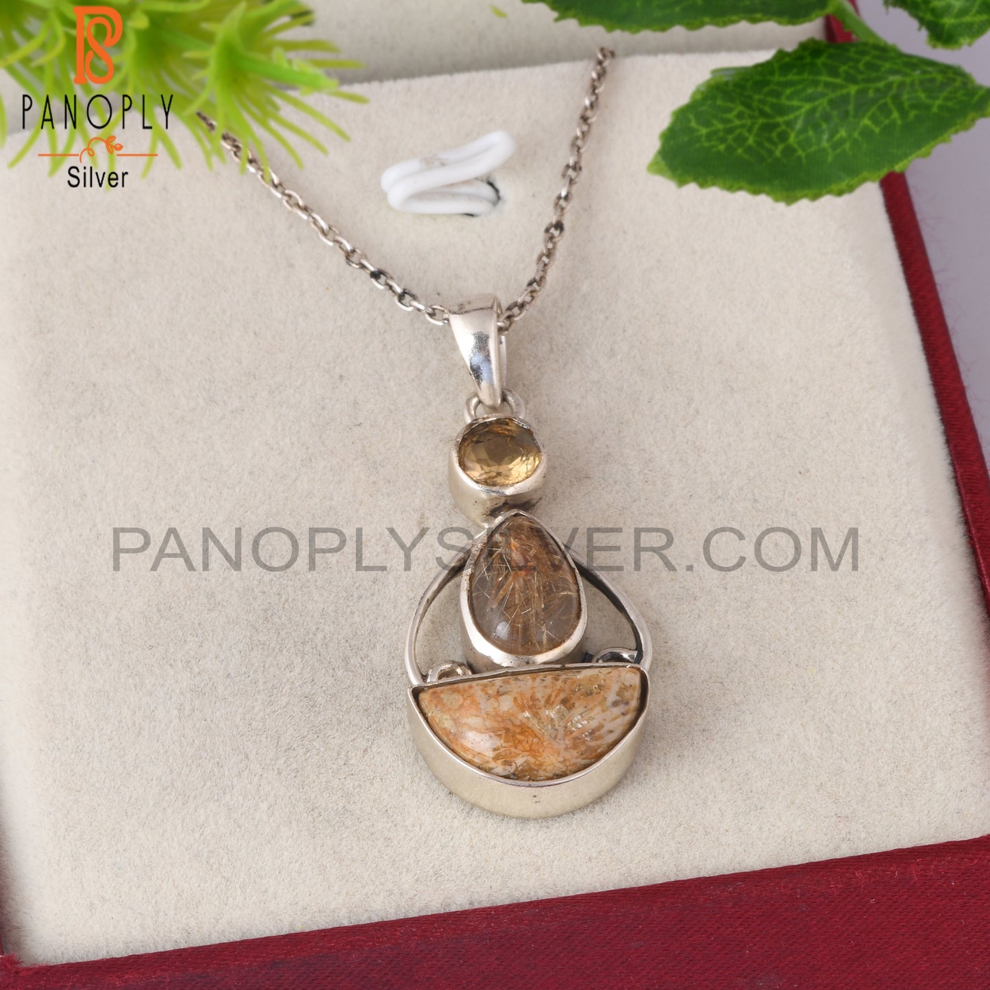 Citrine, Golden Rutile, Fossil Coral 925 Silver Pendant