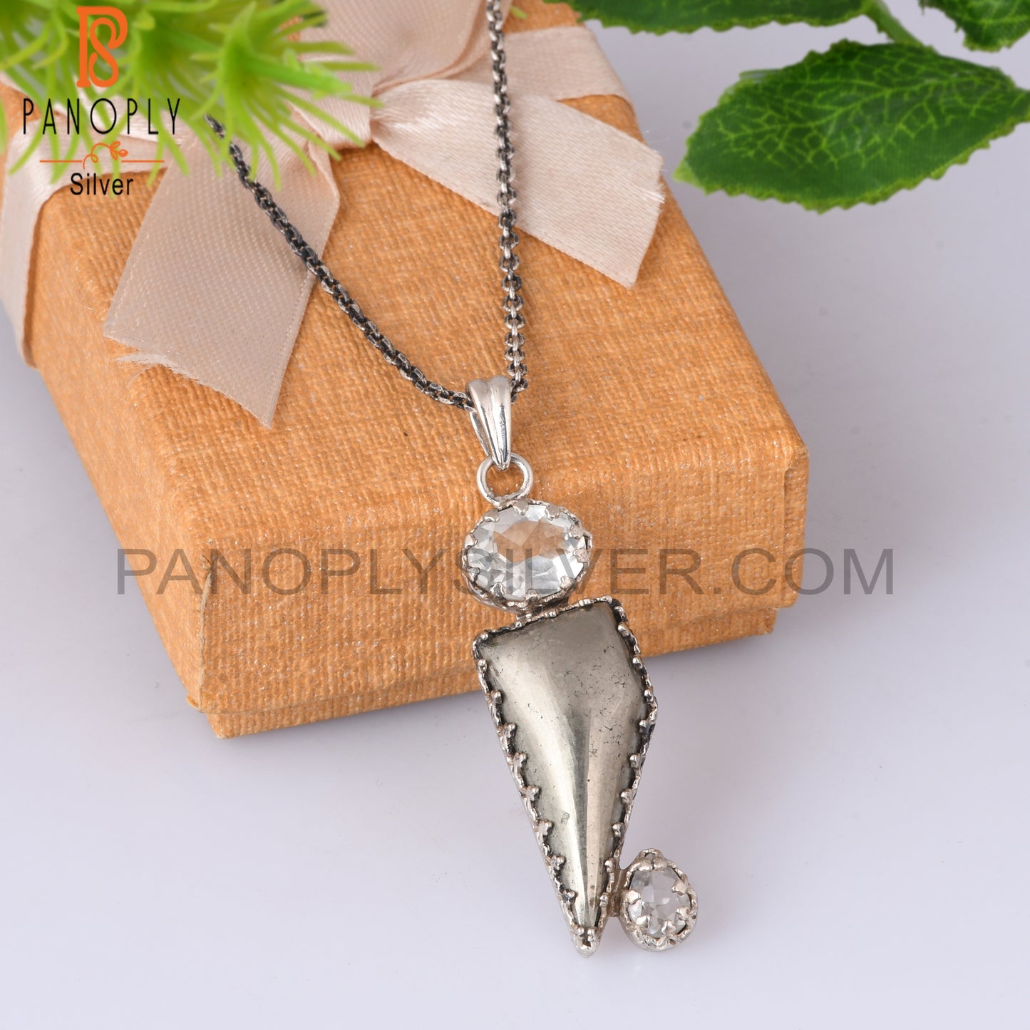 Pyrite, Green Amethyst, Crystal Quartz 925 Silver Pendant