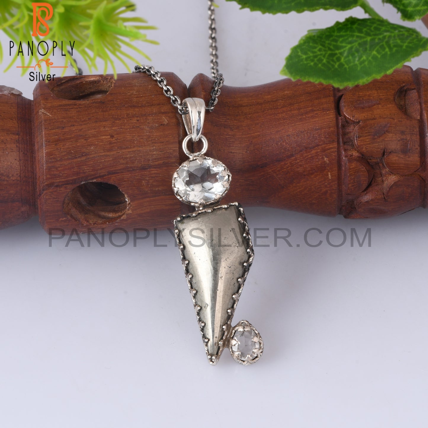 Pyrite, Green Amethyst, Crystal Quartz 925 Silver Pendant