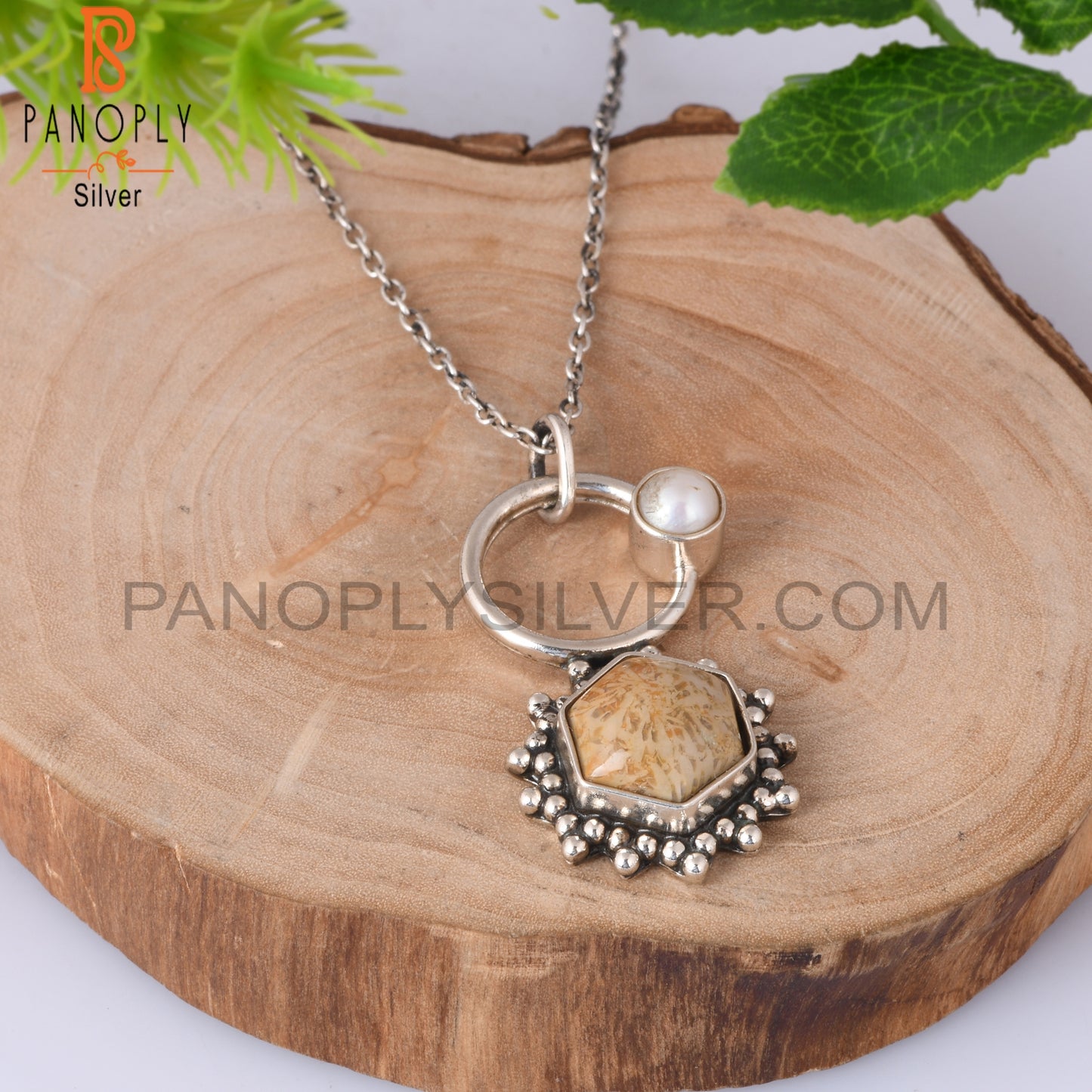 Fossil Coral & Pearl 925 Sterling Silver Pendant With Chain