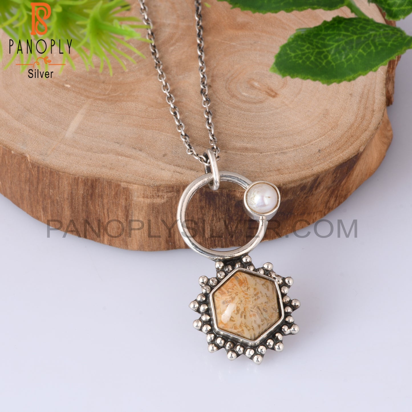Fossil Coral & Pearl 925 Sterling Silver Pendant With Chain