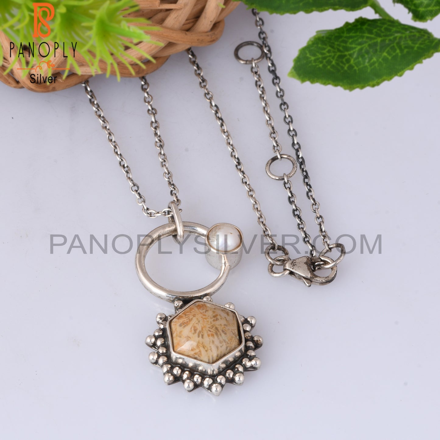Fossil Coral & Pearl 925 Sterling Silver Pendant With Chain