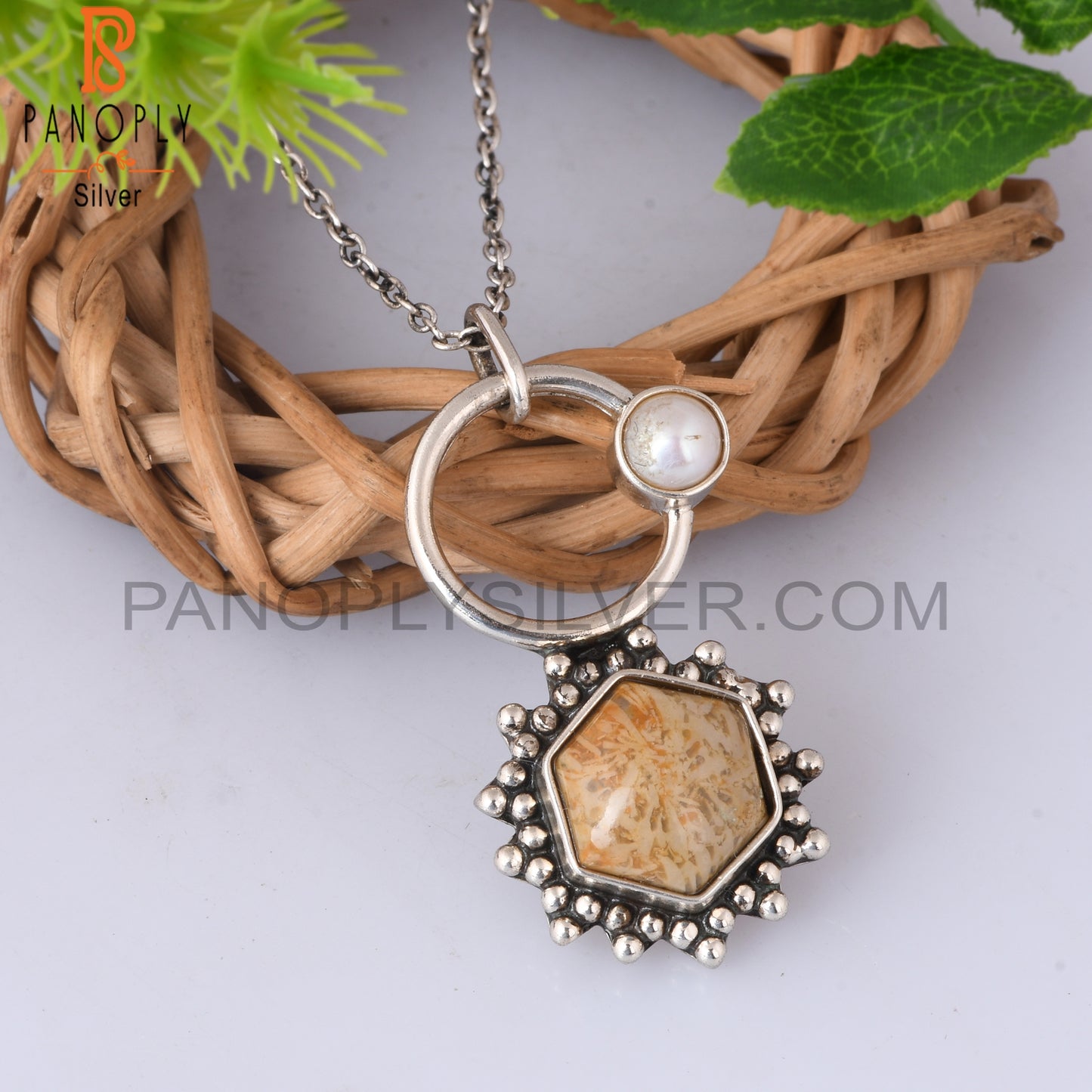 Fossil Coral & Pearl 925 Sterling Silver Pendant With Chain
