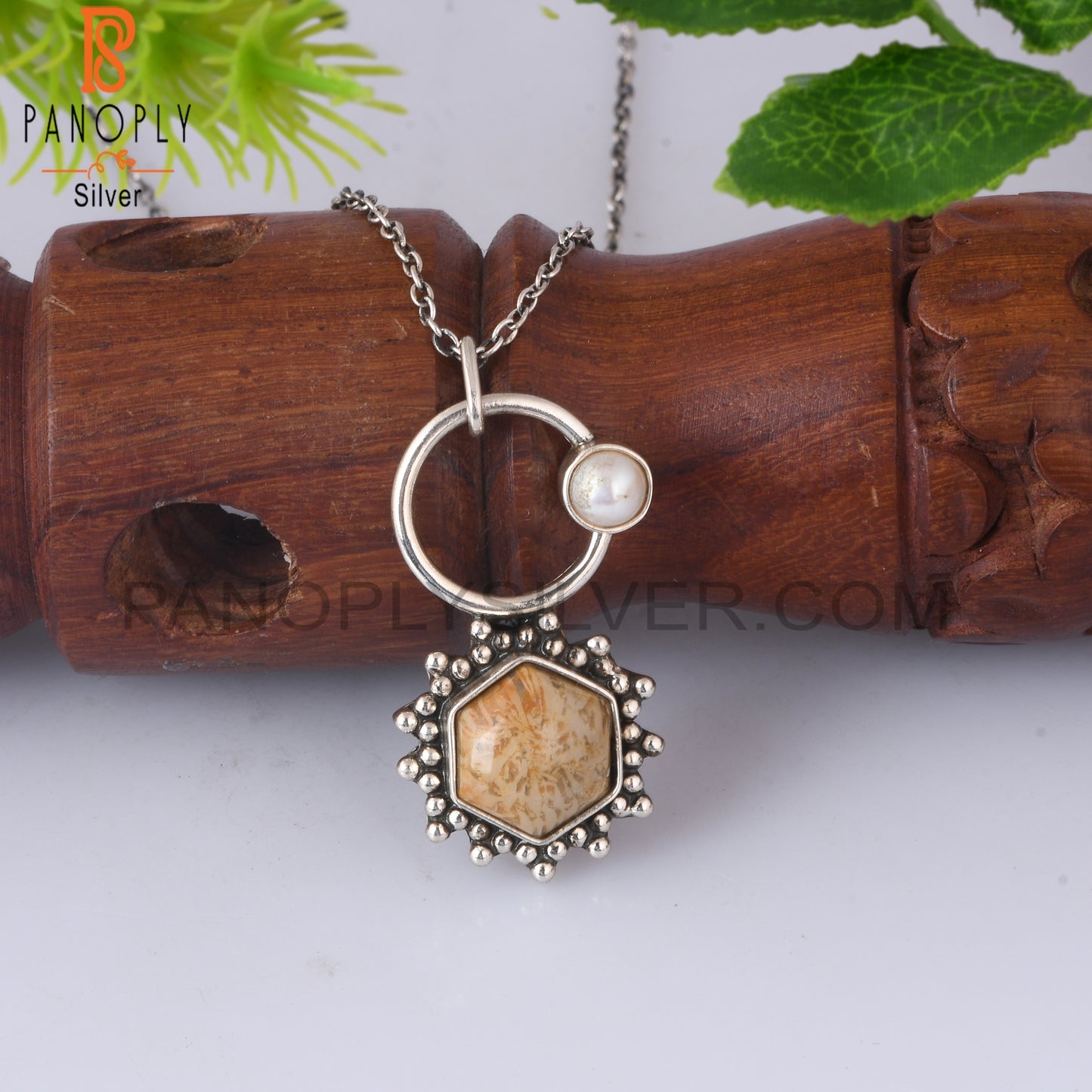 Fossil Coral & Pearl 925 Sterling Silver Pendant With Chain