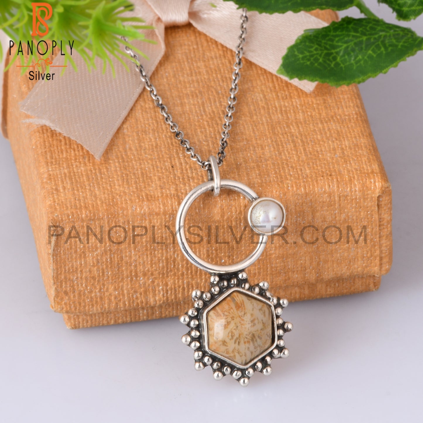 Fossil Coral & Pearl 925 Sterling Silver Pendant With Chain