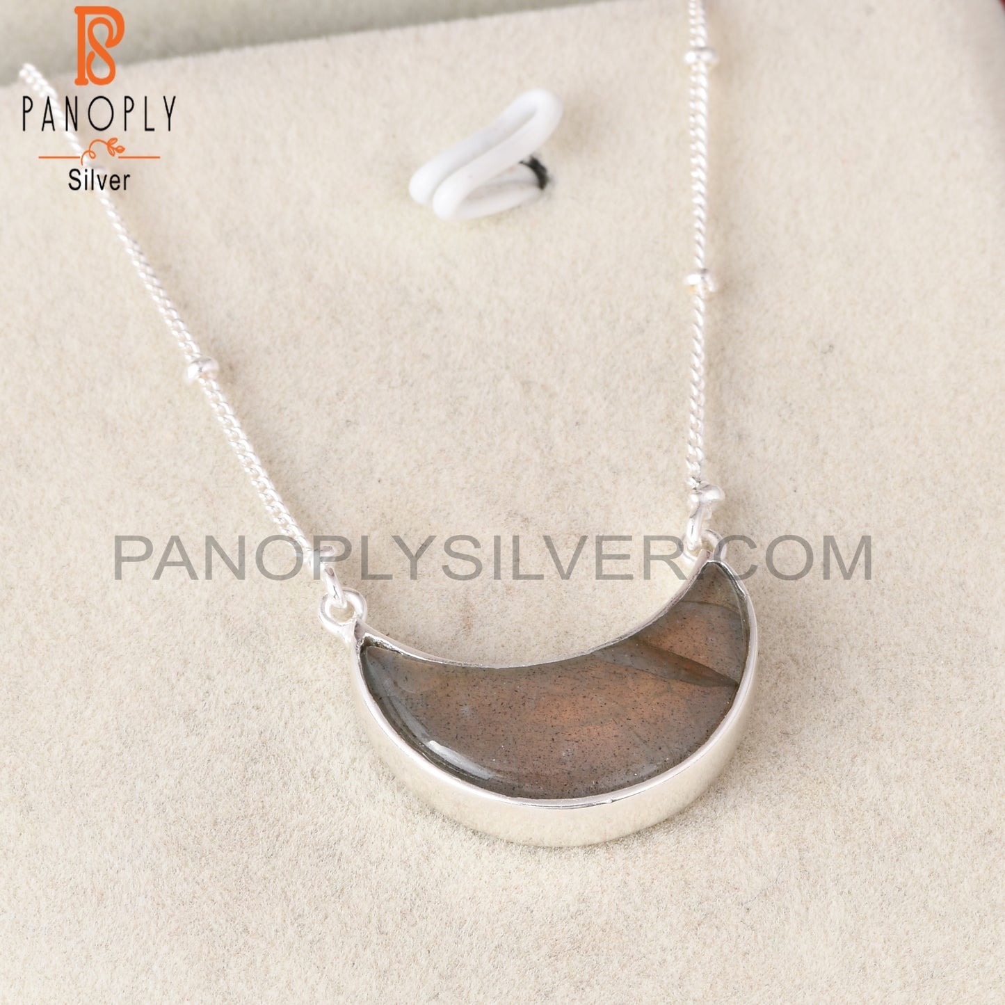 Labradorite Moon Shape 925 Sterling Silver Pendant With Chain