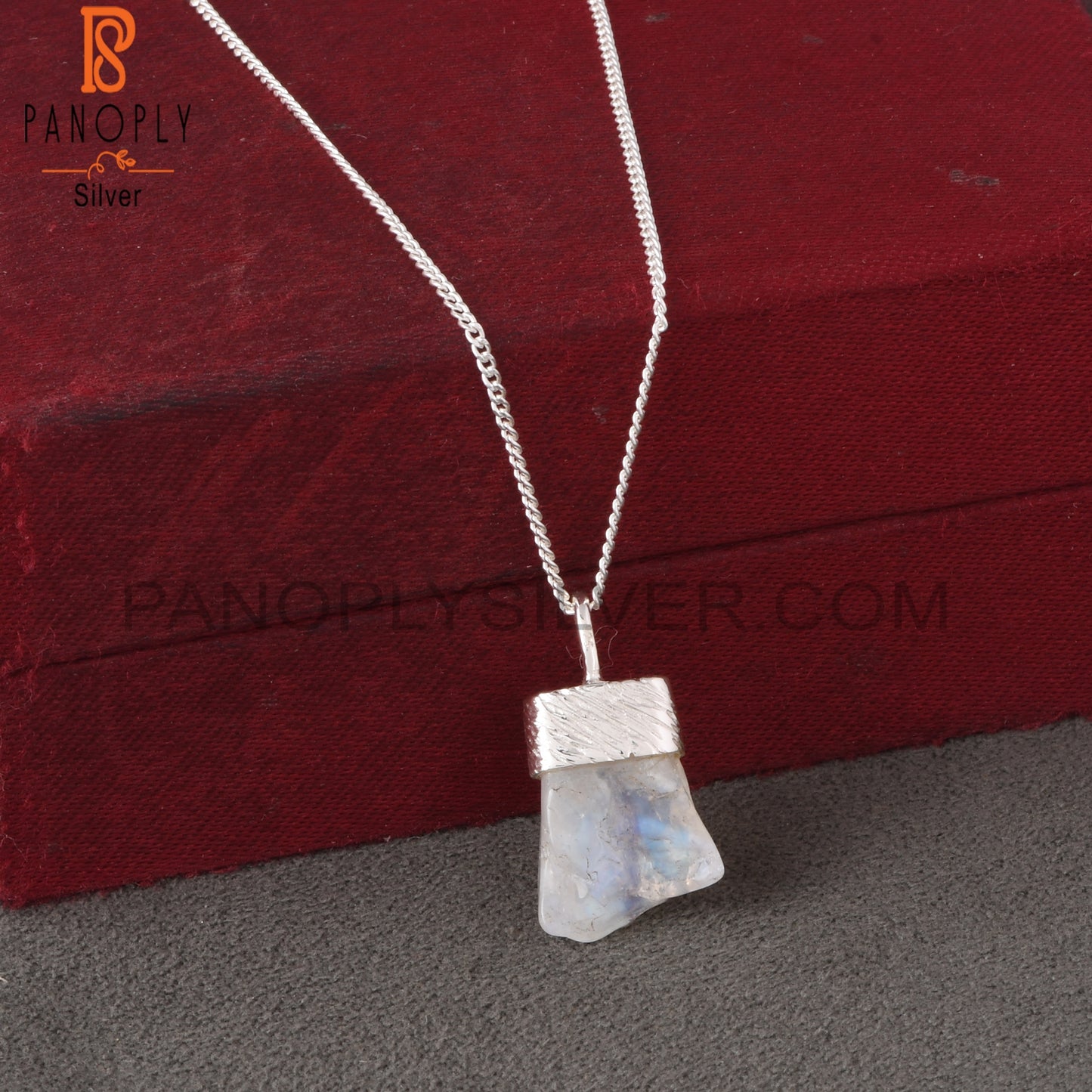 Rainbow Moonstone 925 Silver Bar Stone Pendant With Chain