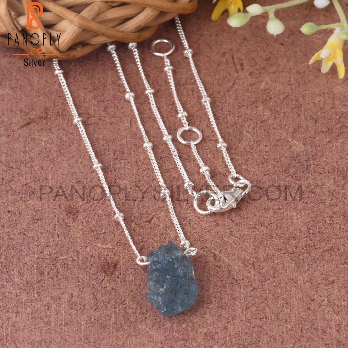 Aquamarine Rough 925 Sterling Silver Pendant With Chain