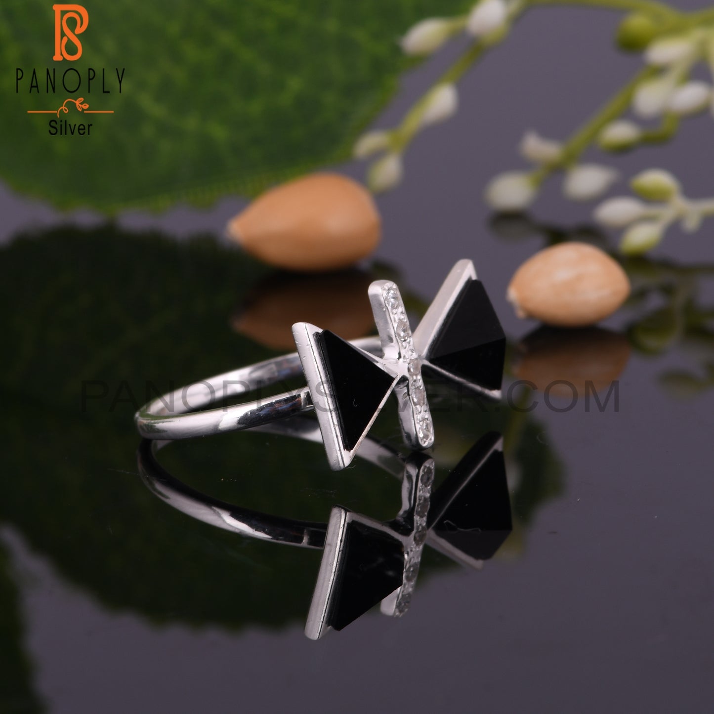 Cubic Zirconia & Black Onyx 925 Sterling Silver Ring
