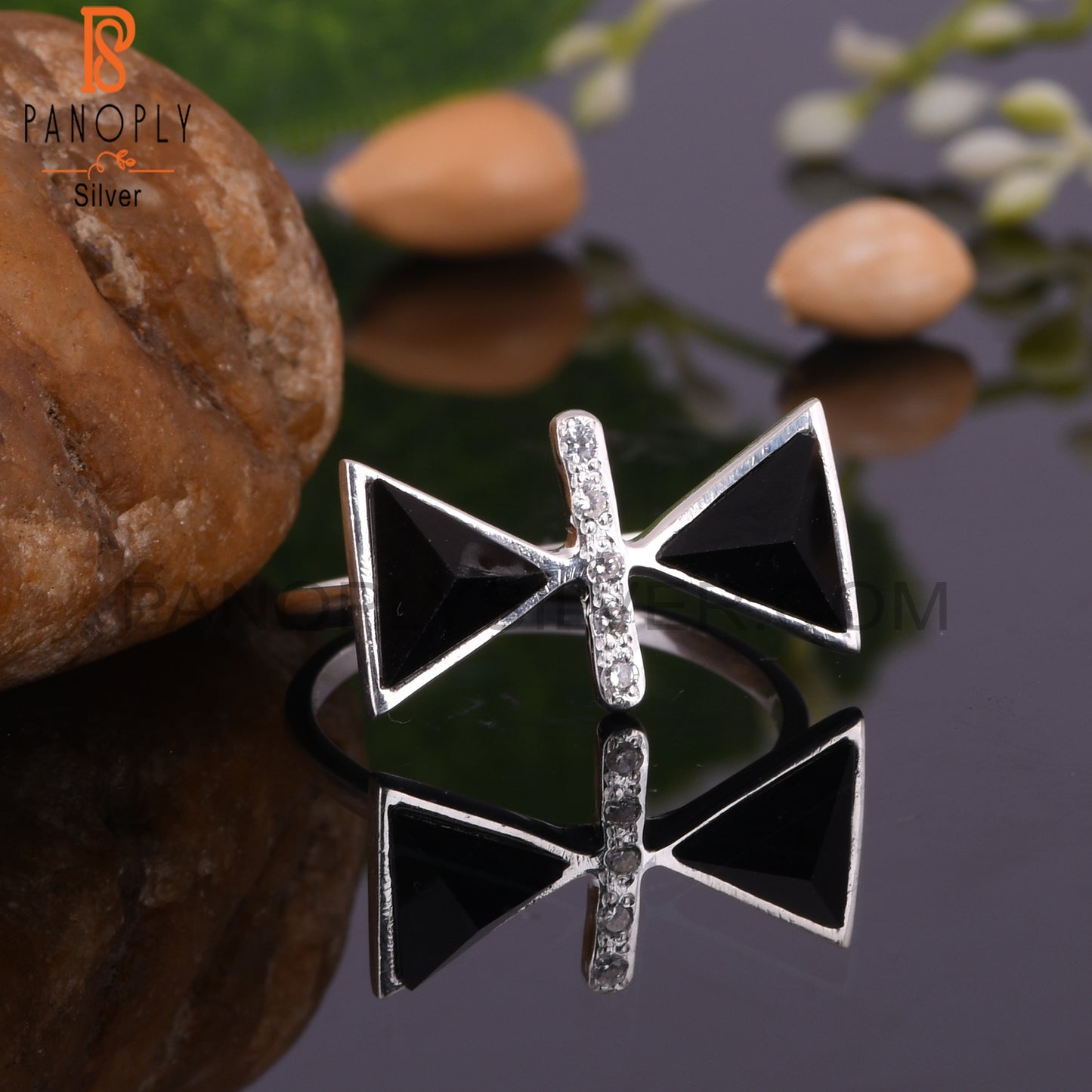 Cubic Zirconia & Black Onyx 925 Sterling Silver Ring