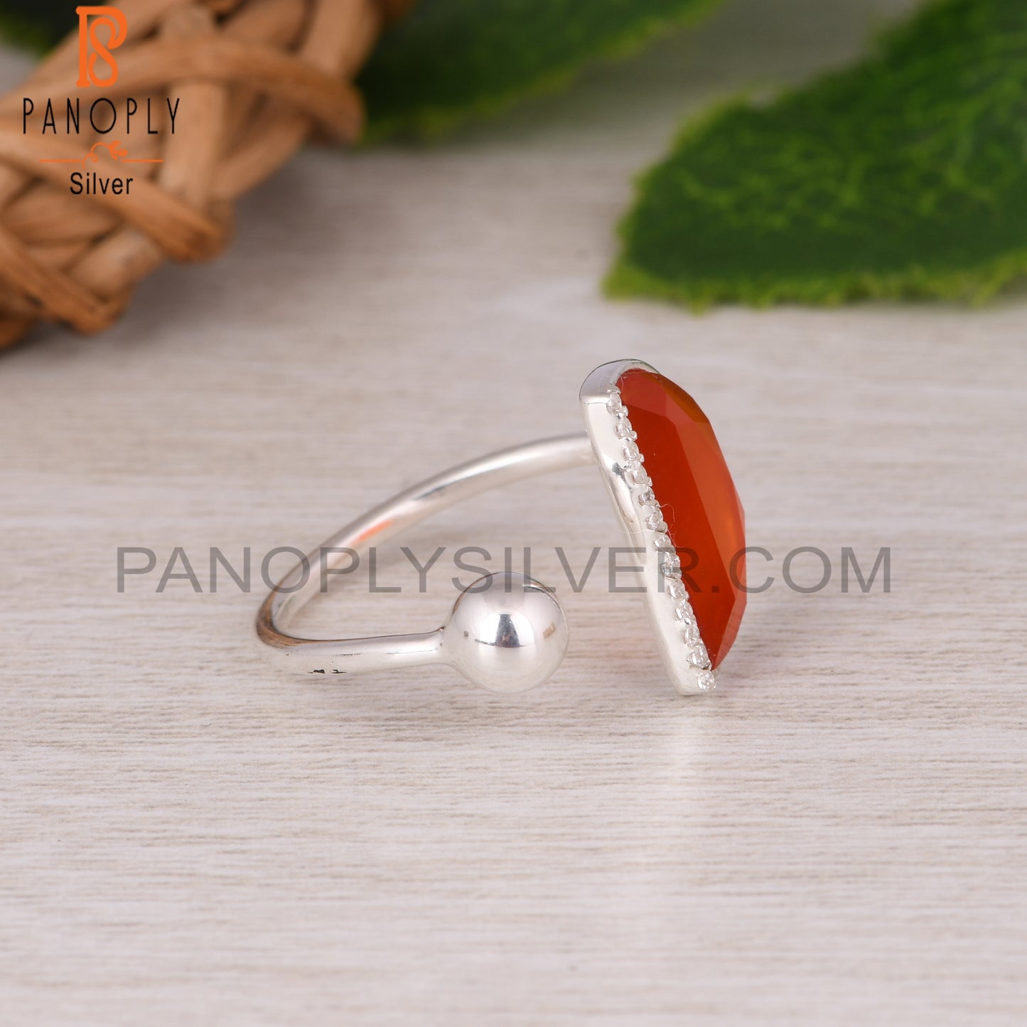 Cubic Zirconia & Red Onyx D Shape 925 Sterling Silver Ring