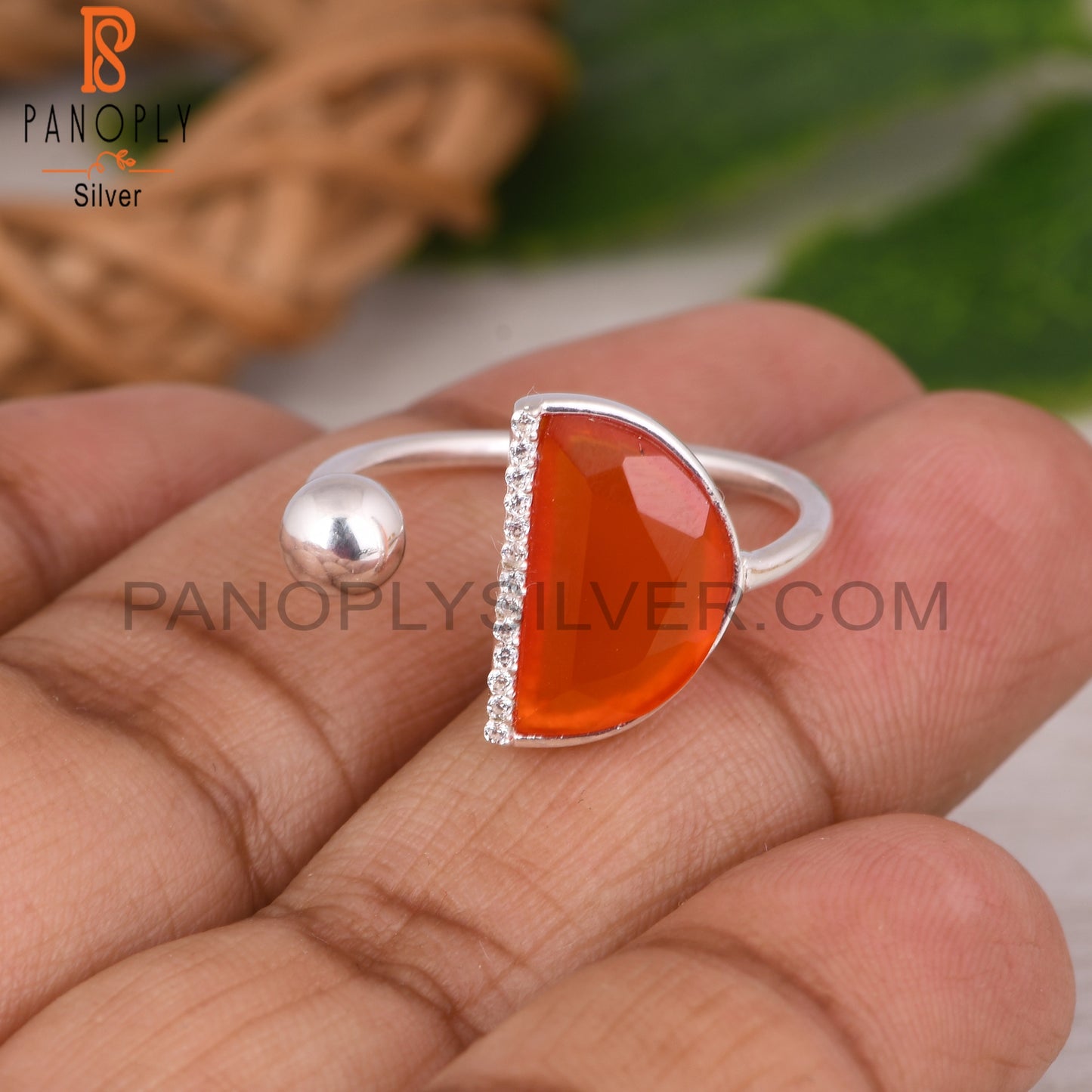 Cubic Zirconia & Red Onyx D Shape 925 Sterling Silver Ring