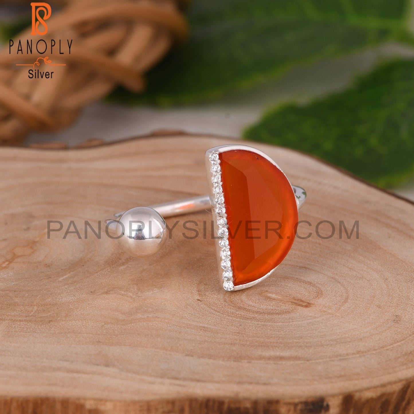 Cubic Zirconia & Red Onyx D Shape 925 Sterling Silver Ring