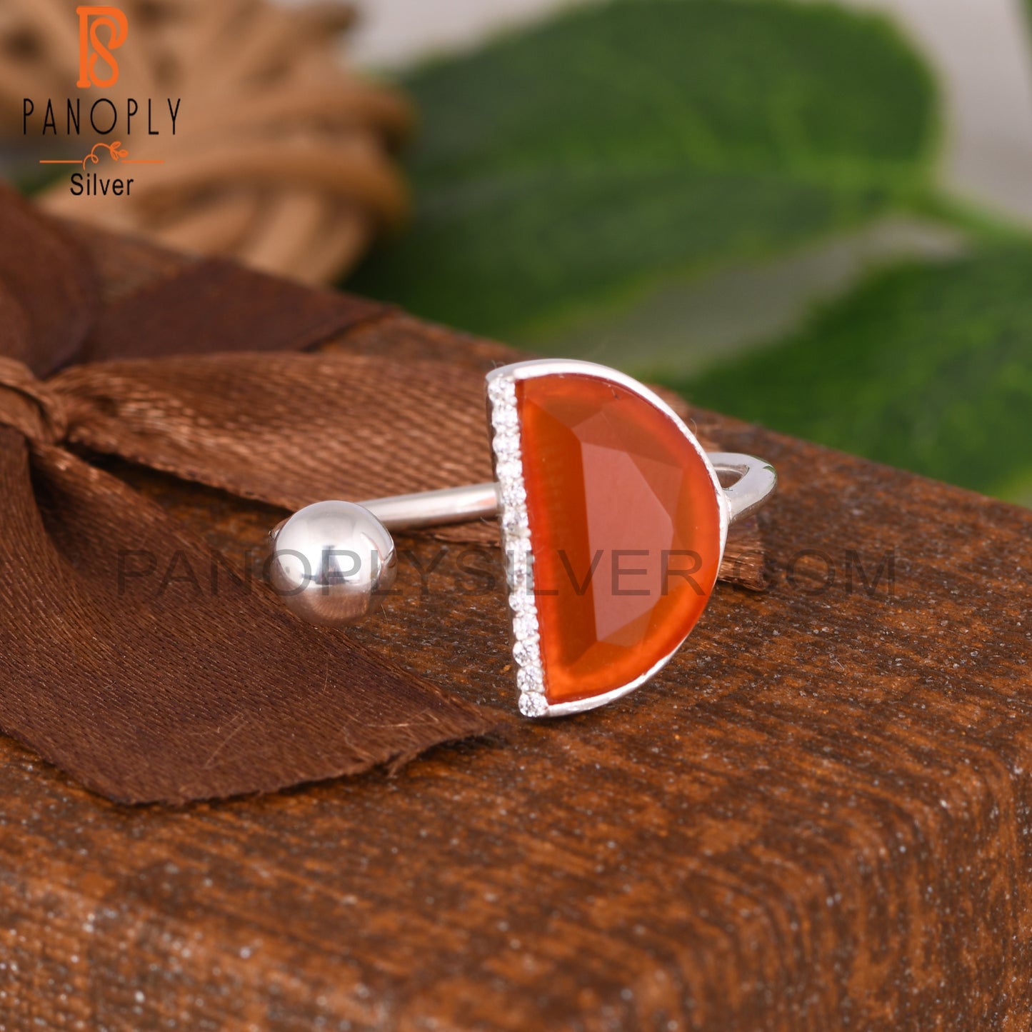 Cubic Zirconia & Red Onyx D Shape 925 Sterling Silver Ring