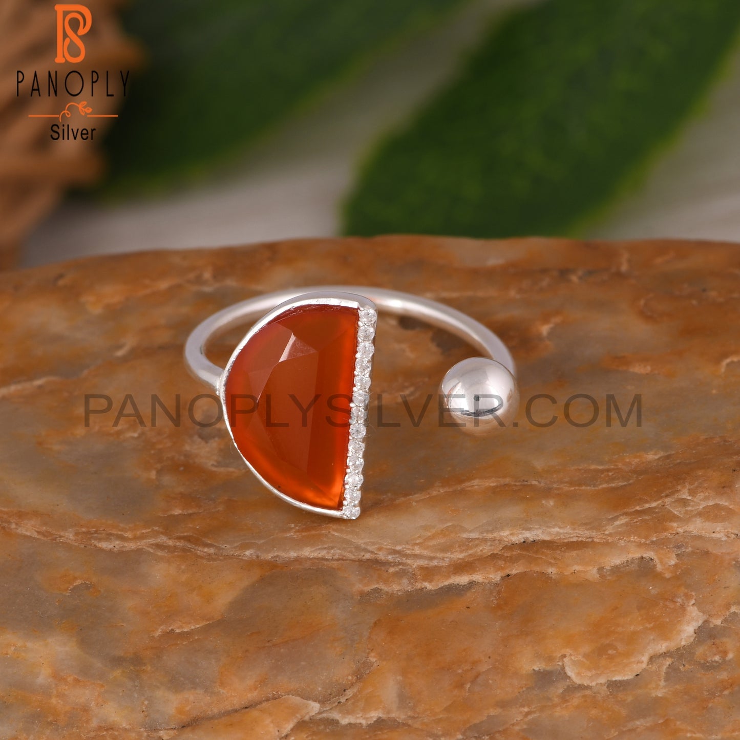 Cubic Zirconia & Red Onyx D Shape 925 Sterling Silver Ring