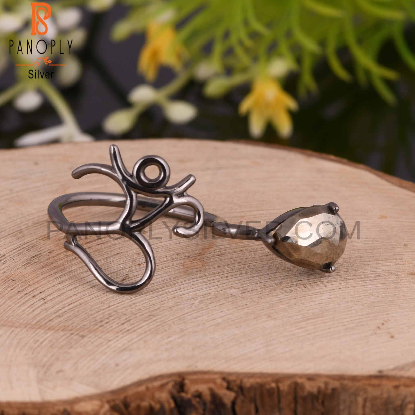 Dainty Pyrite Pear 925 Silver Om Ring