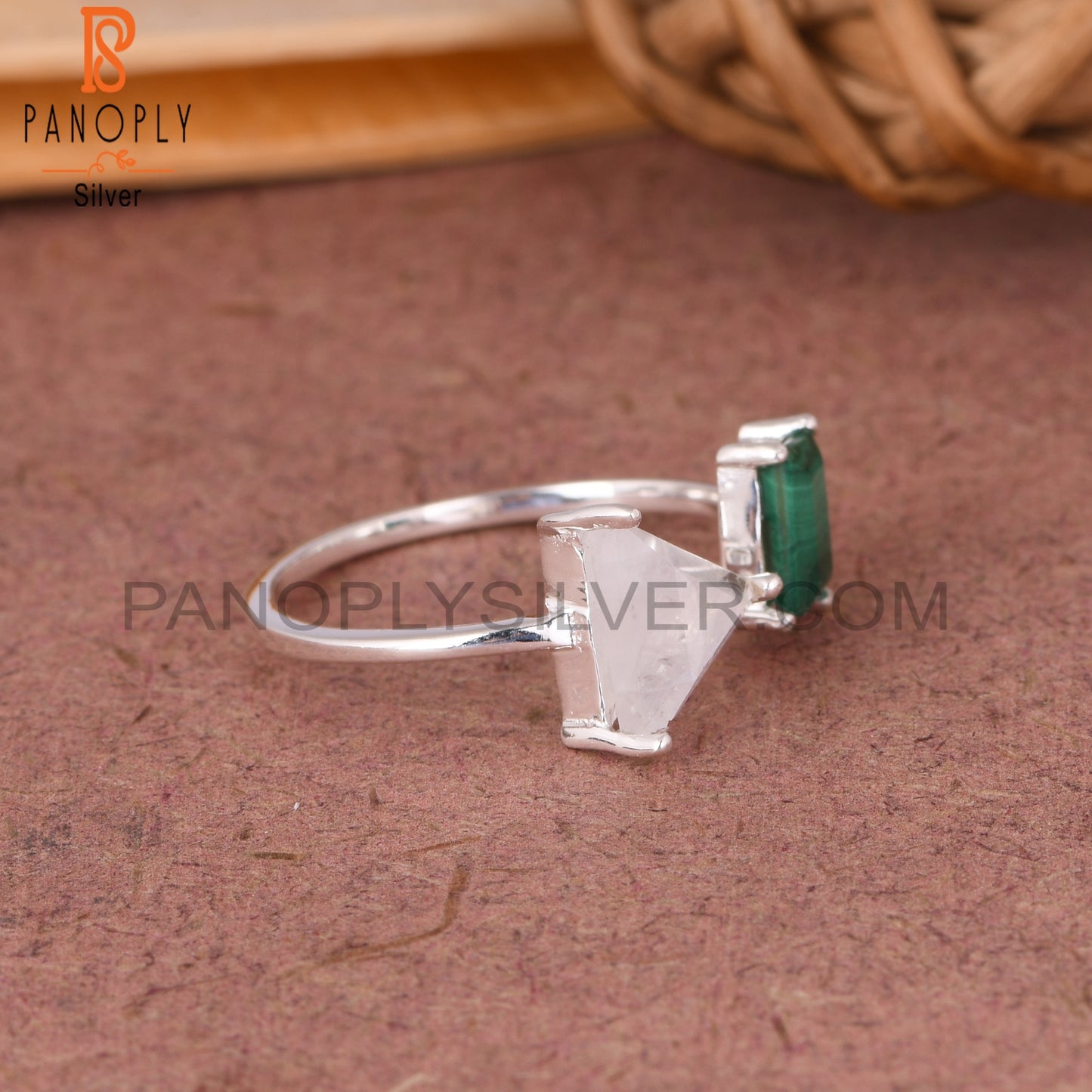 Malachite & Rainbow Moonstone 925 Sterling Silver Ring