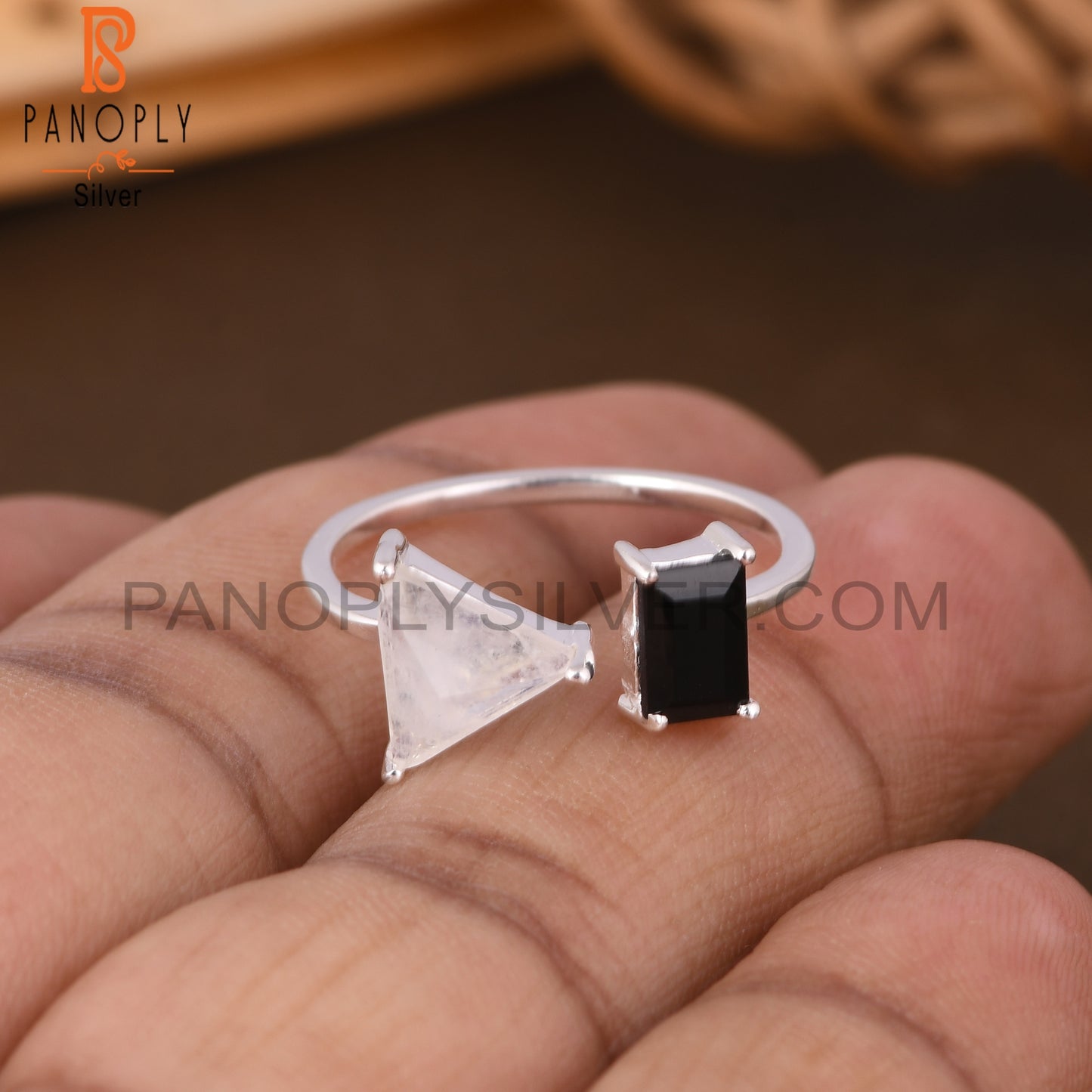 Black Onyx & Rainbow Moonstone 925 Sterling Silver Ring